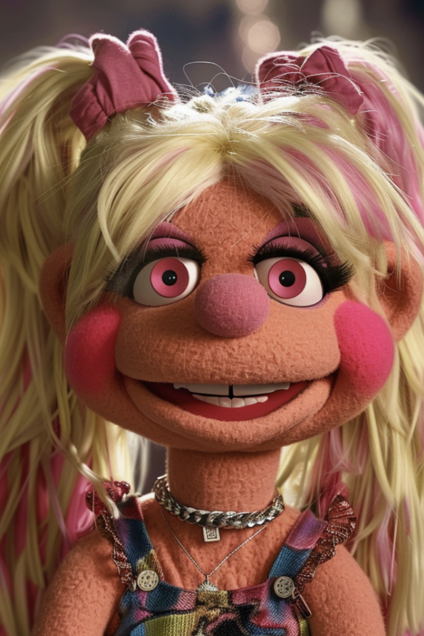 Puppet character with blonde hair and a patterned sleeveless top