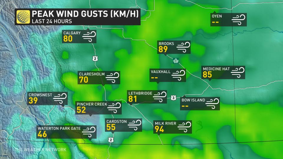 Past 24-hour wind gusts for Alberta, May 8