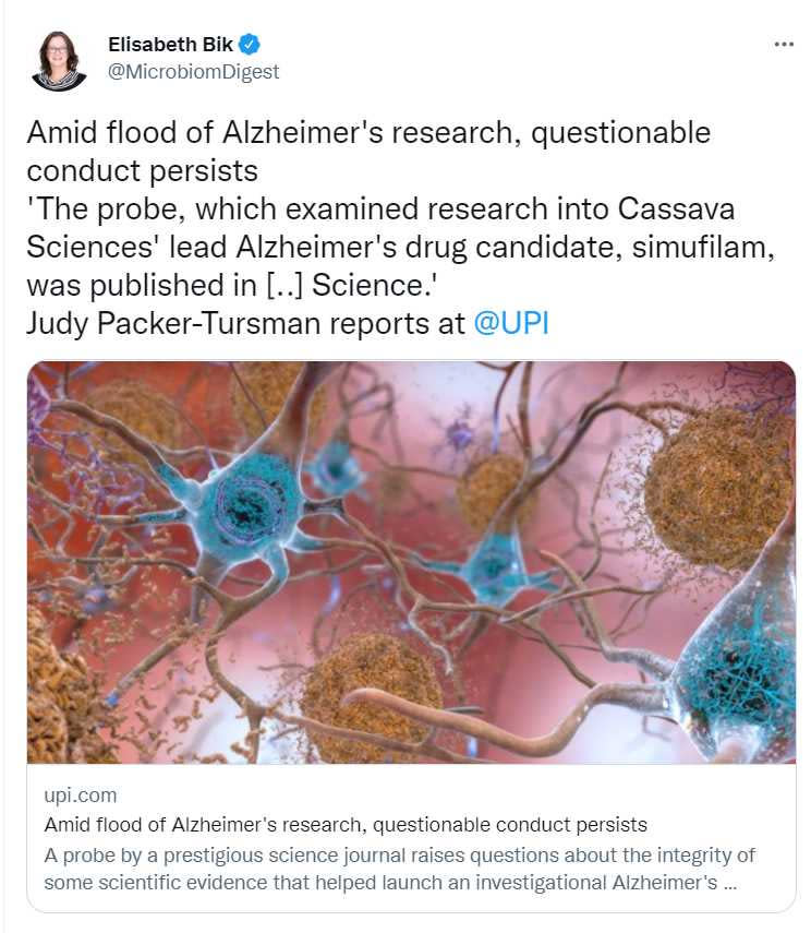 阿茲海默症論文涉嫌造假，掀起學界軒然大波。（圖／翻攝自@MicrobiomDigest推特）