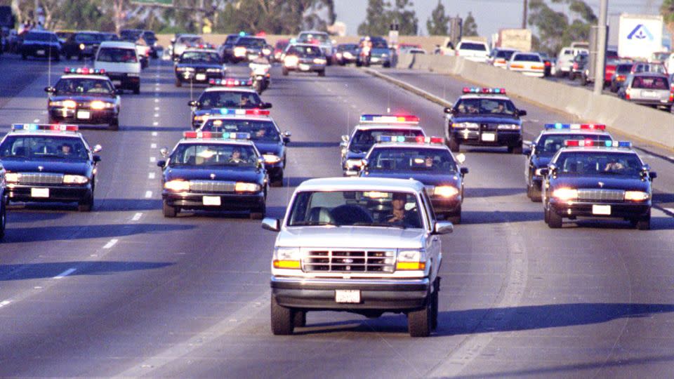 California Highway Patrol chase Al Cowlings, driving, and O.J. Simpson, hiding in rear of white Bronco on the 91 Freeway, just West of the I5 freeway. The chase ended in Simpson's arrest at his Brentwood home. - Allen J. Schaben/Los Angeles Times/Getty Images