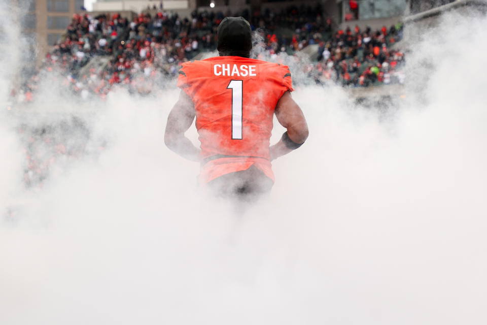 CINCINNATI, OHIO - JANUARY 02: Ja'Marr Chase #1 of the Cincinnati Bengals takes the field before the game against the Kansas City Chiefs at Paul Brown Stadium on January 02, 2022 in Cincinnati, Ohio. (Photo by Dylan Buell/Getty Images)