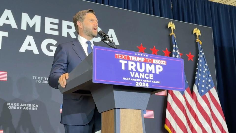 Republican vice-presidential nominee JD Vance speaks to the RNC crowd Wednesday, July 17, 2024.