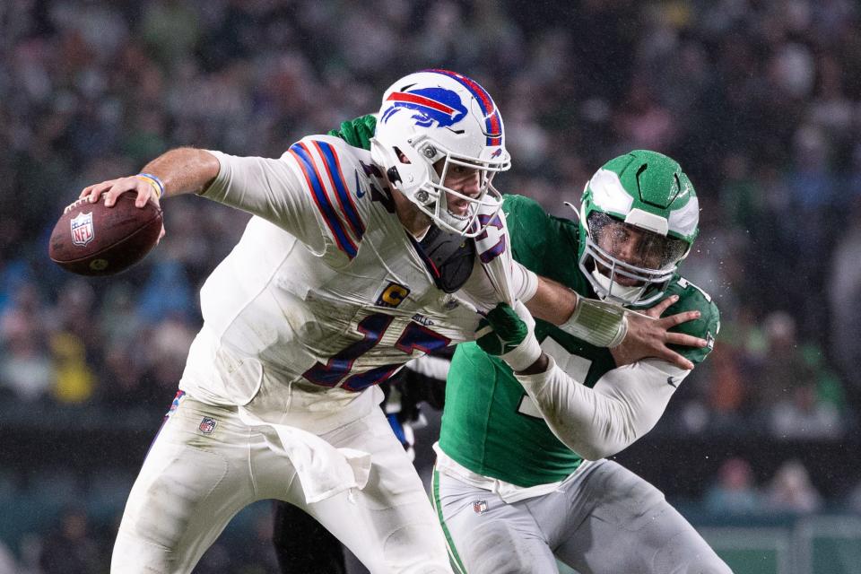 Philadelphia Eagles linebacker Haason Reddick (7) sacks Buffalo Bills quarterback Josh Allen (17) during the second quarter at Lincoln Financial Field.