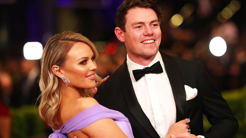 Lachie Neale has not requested a trade from the Brisbane Lions, with he and wife Julie simply in early discussions about where they want to start their family.. (Photo by Kelly Defina/AFL Photos/via Getty Images)