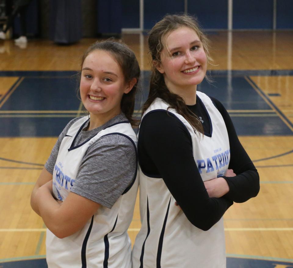 John Jay basketball players, from left, Grace Kennedy and Gabby Sweeney after a scrimmage versus Red Hook on November 30, 2023.