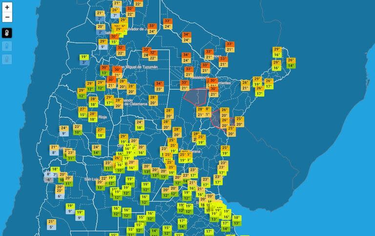 Las máximas y mínimas esperadas para las provincias con alertas amarillas por tormentas y lluvias