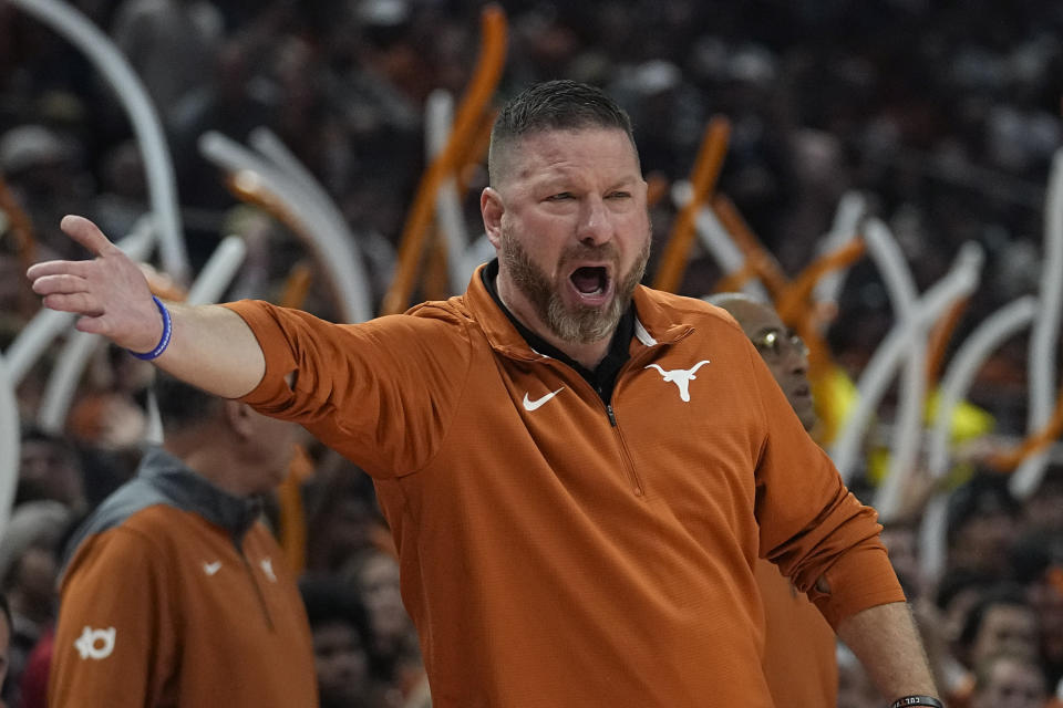 Texas head coach Chris Beard argues a call during the first half of an NCAA college basketball game against Gonzaga, Wednesday, Nov. 16, 2022, in Austin, Texas. (AP Photo/Eric Gay)