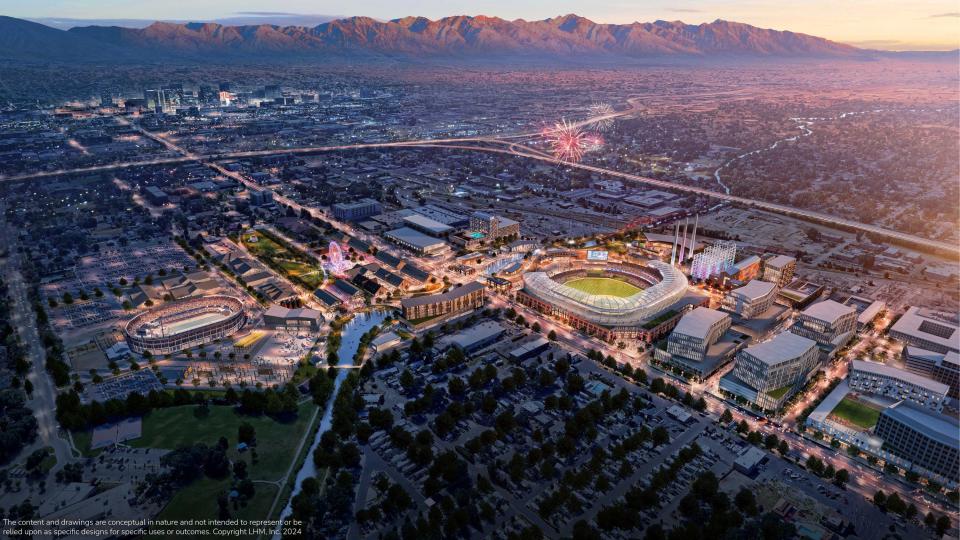 The Larry H. Miller Company and Miller family unveiled renderings for the Power District, a nearly 100-acre site adjacent to the Utah State Fairpark and the Jordan River, Feb. 15, 2024. Here is an aerial view of the Power District looking southeast. | Larry H. Miller Company