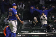 New York Mets starting pitcher Taijuan Walker gestures toward home plate umpire John Libka after being taken out of the baseball game during the fourth inning against the Chicago Cubs on Tuesday, April 20, 2021, in Chicago. Libka then threw Walker out of the game. (AP Photo/Charles Rex Arbogast)