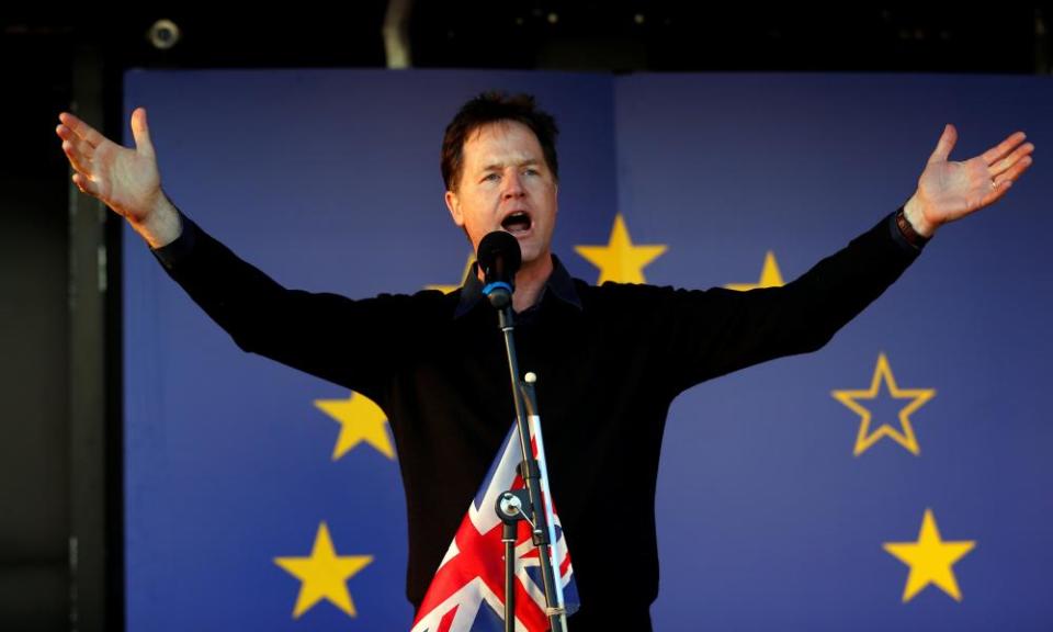 Former Liberal Democrat leader Nick Clegg speaks at a Unite for Europe rally in central London in 2017.