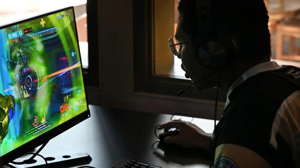 Malcolm Brown operates a tank during an Overwatch match against Tracy High School at Enochs High School in Modesto, Calif., Tuesday, Sept. 19, 2023. His team won 2-0.