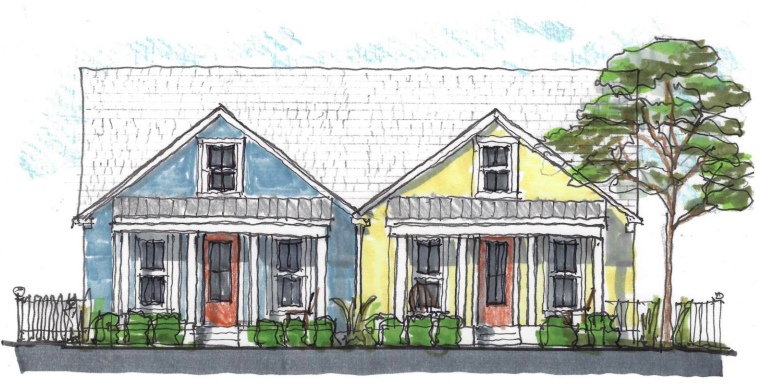 A streetscape rendering of cottages in a 77-unit cottage courtyard development planned off of Oleander Drive in Wilmington.