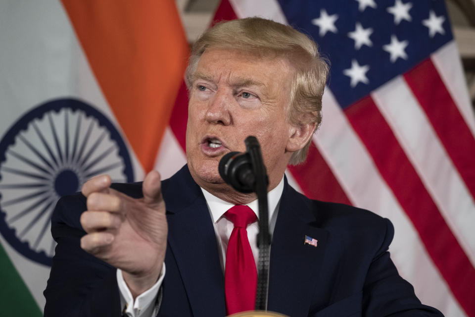 U.S.President Donald Trump speaks with business leaders at a roundtable event at Roosevelt House, Tuesday, Feb. 25, 2020, in New Delhi, India. (AP Photo/Alex Brandon)