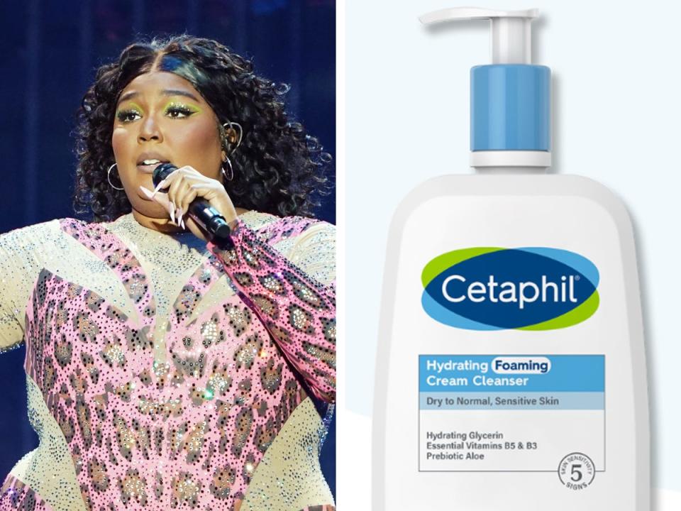 Lizzo performing on the left; Cetaphil foaming clenaser on the right