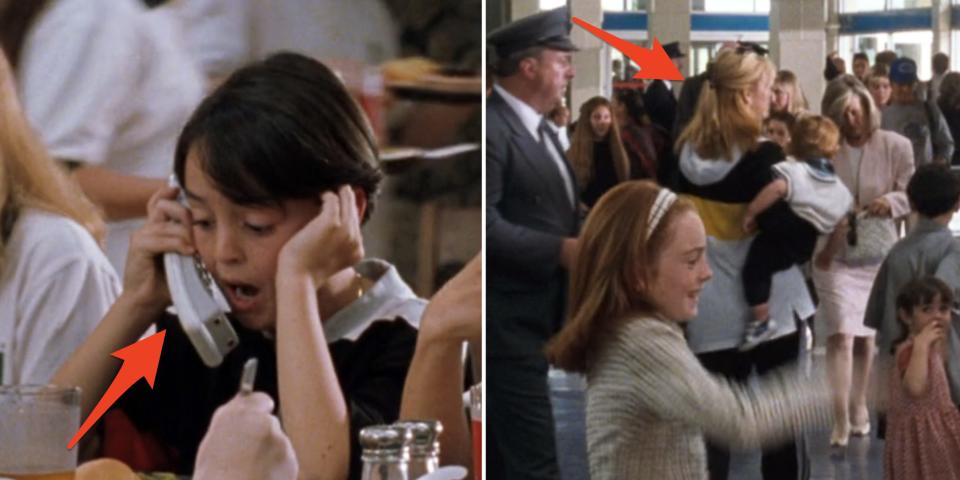 Lindsay Lohan's brother on the phone at the summer camp. Lindsay Lohan's mom carrying her siblings at the airport in "The Parent Trap."