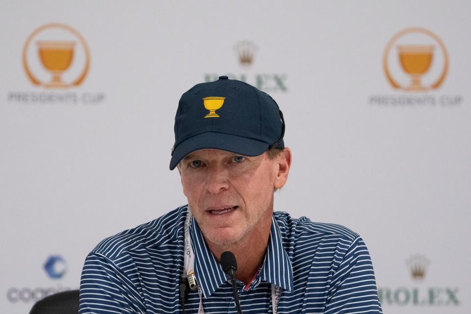 Team USA assistant captain Steve Stricker addresses the media in a press conference during a practice day for the Presidents Cup golf tournament Sept. 21, 2022, at Quail Hollow Club in Charlotte, North Carolina.
