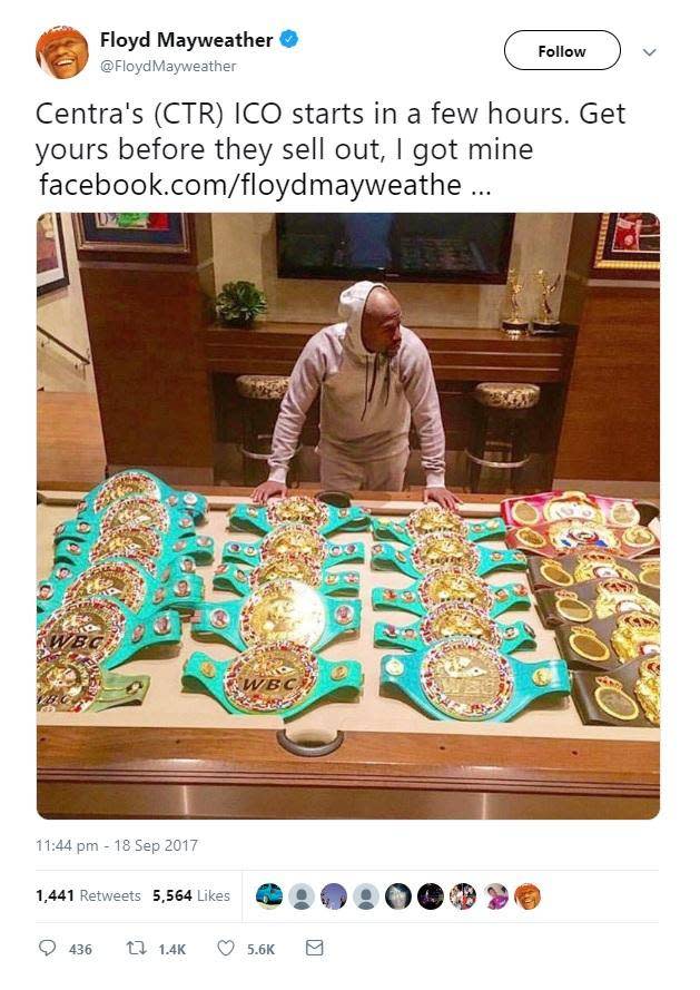 Floyd Mayweather promoted Centra's ICO alongside a picture displaying his boxing belts (Twitter/ Screenshot)