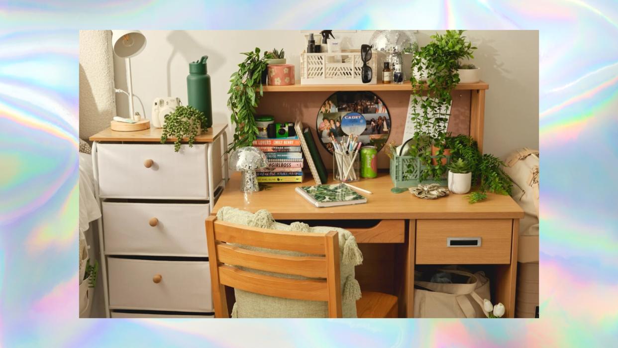  Dorm room on a rainbow holographic background 