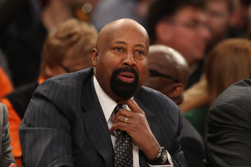 Mike Woodson, Coach of the New York Knicks, during the New York Knicks vs Milwaukee Bucks, NBA Basketball game at Madison Square Garden, New York. USA. 15th March 2014. Photo Tim Clayton (Photo by Tim Clayton/Corbis via Getty Images)