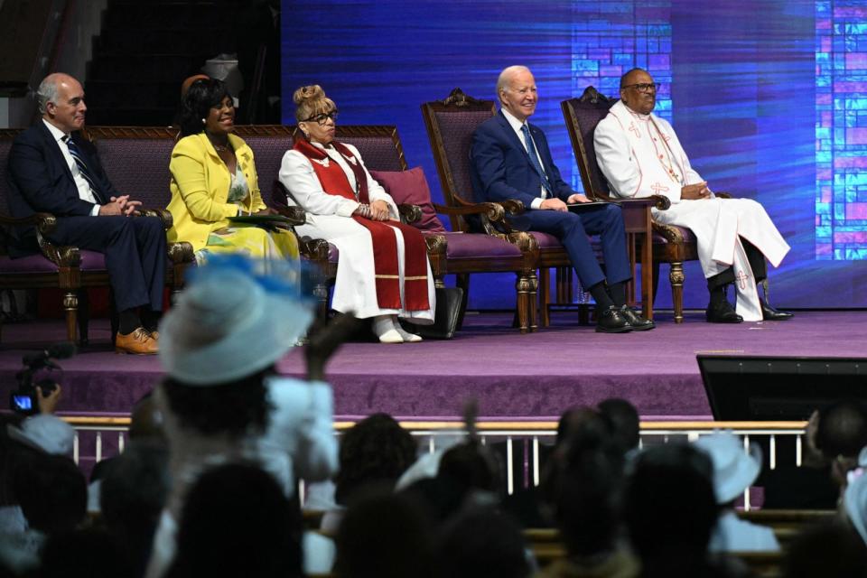 PHOTO: President Joe Biden (2nd R) attends a church service and campaign event at Mount Airy Church of God in Christ in Philadelphia, on July 7, 2024.  (Saul Loeb/AFP via Getty Images)