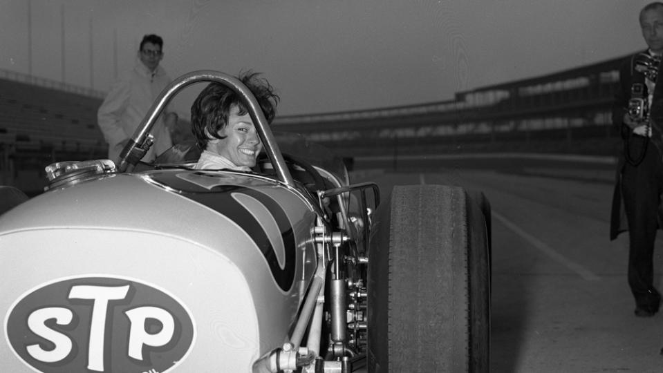 Paula Murphy behind the wheel of her Novi race car at the 1963 Indianapolis 500.