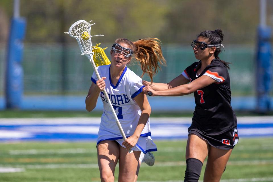 Shore's Kayla Potochar is challenged by Barnegat's Savia Singh during the first half of the Shore Conference Tournament game between Barnegat and Shore Regional at Shore Regional High School in West Long Branch, NJ Monday, May 9, 2022.