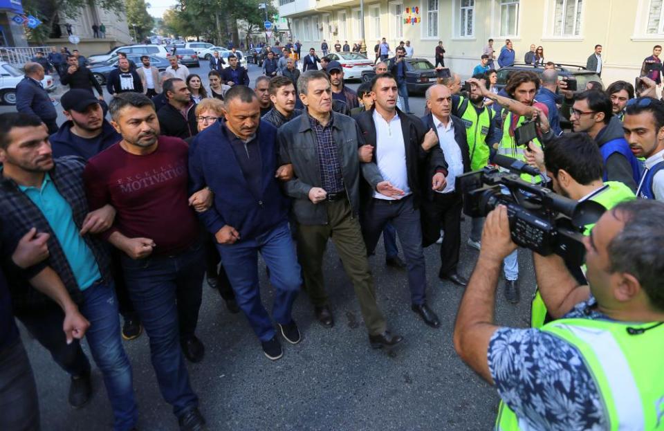 Ali Karimli and his supporters hold an unauthorized rally to demand the freedom of assembly in Baku, Azerbaijan, in 2019.