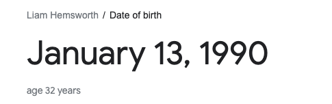 A Google search showing Liam's birthday as January 13, 1990