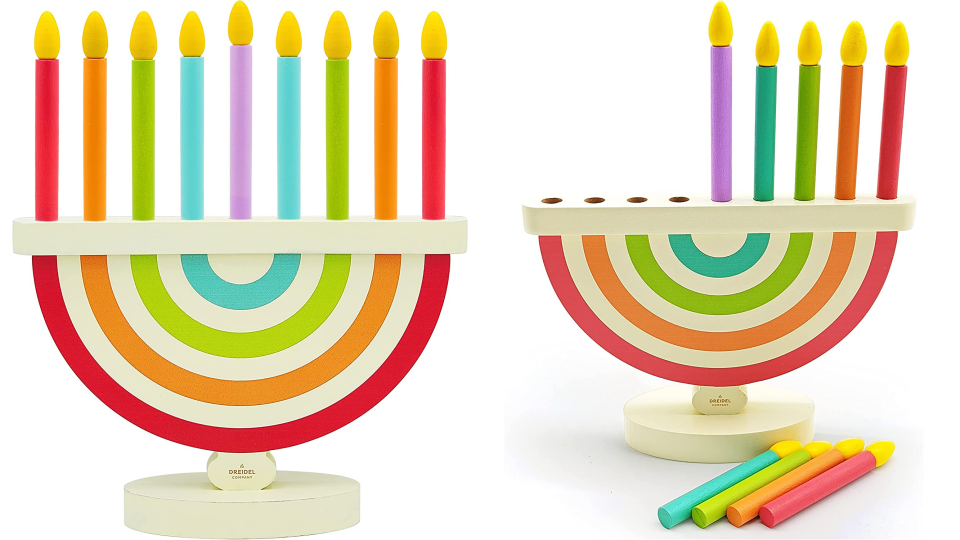 A wooden menorah is safe and fun for kids.