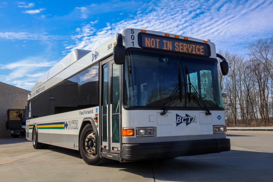 The exterior of a Beaver County Transit Authority bus outside its Center Township building.