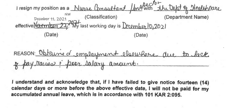 A resignation letter submitted to the state in 2021 by one of Kentucky’s nursing home inspectors.