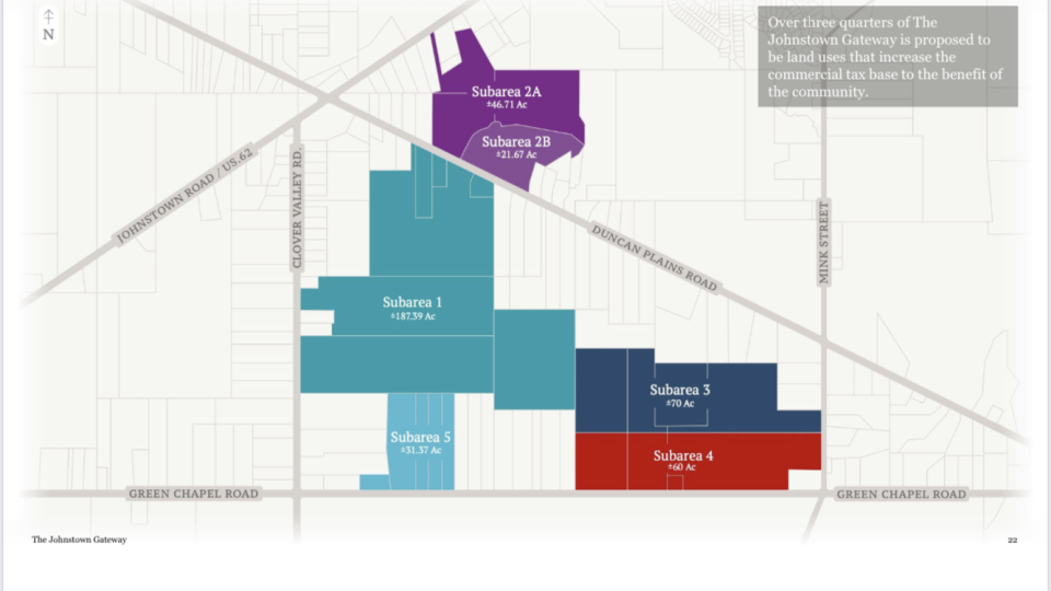 This map shows the 417-acre planned, mixed-use development The New Albany Co. proposes in Johnstown.