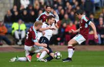 <p>Tottenham’s Vincent Janssen in action with Burnley’s Ben Mee and Joey Barton (R) </p>