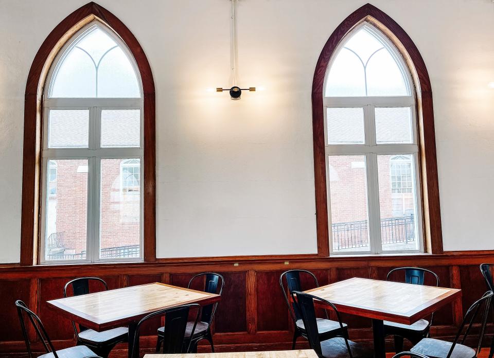 Inside 71 South the window trim, baseboards and floors have all been restored in the former church in South Knoxville, April 6, 2023.