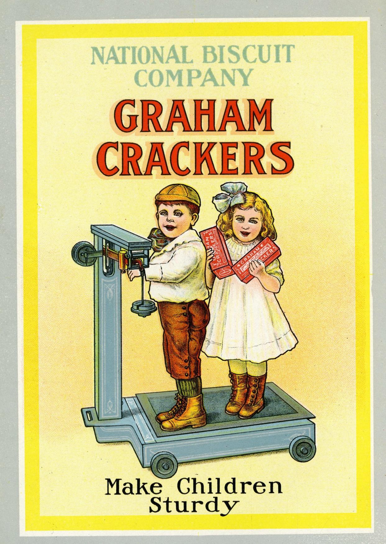 National Biscuit Company graham crackers advertisement, an illustration of two children with boxes of the company's graham crackers, on a light yellow background, 1912