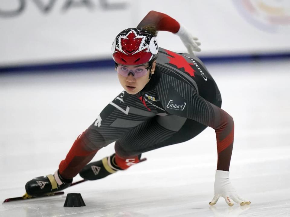 Canadian short track speed skater Courtney Sarault topped the podium in the women's 1,000 metres on Saturday at a World Cup stop in Almaty, Kazakhstan.  (Rick Bowmer/The Associated Press/File - image credit)