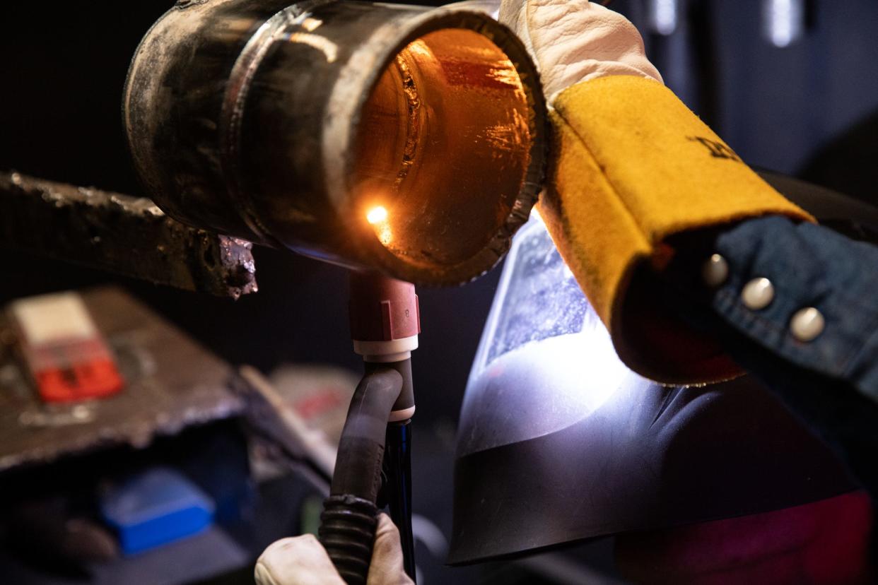 Del Mar College student Remington Wright performs a tungsten inert gas weld during a competition at Del Mar College Nov. 3, 2023.