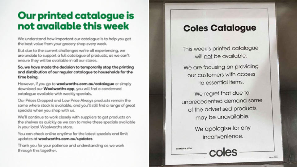 Coles and Woolworths announce they won't be printing the weekly special catalogue due to lack of supply.