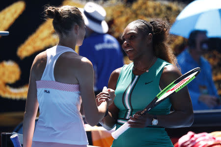 Tennis - Australian Open - Quarter-final - Melbourne Park, Melbourne, Australia, January 23, 2019. Czech Republic's Karolina Pliskova shakes hand with Serena Williams of the U.S. after match REUTERS/Edgar Su