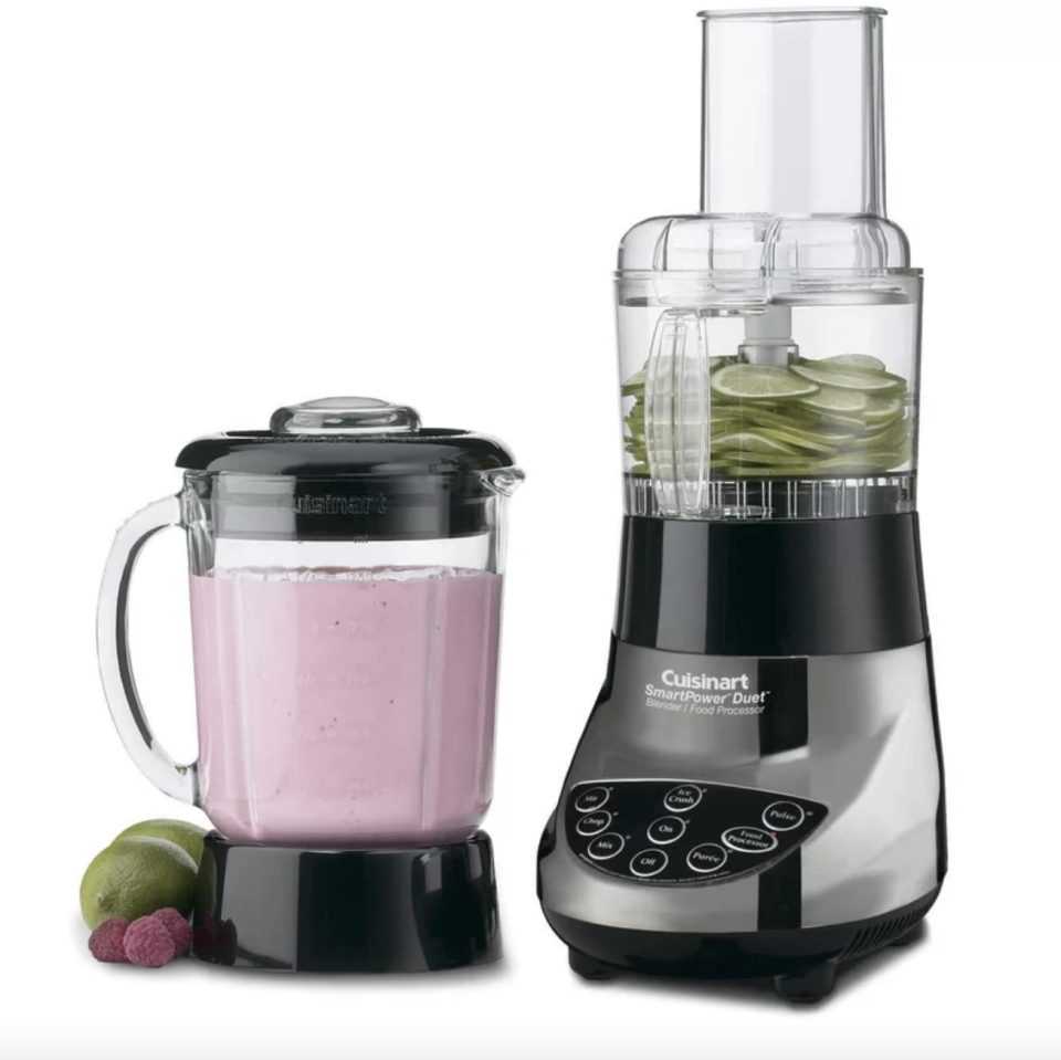 Cuisinart SmartPower Duet 500 Watt Blender/Food Processor with pink smoothie inside blender (Photo via Wayfair)