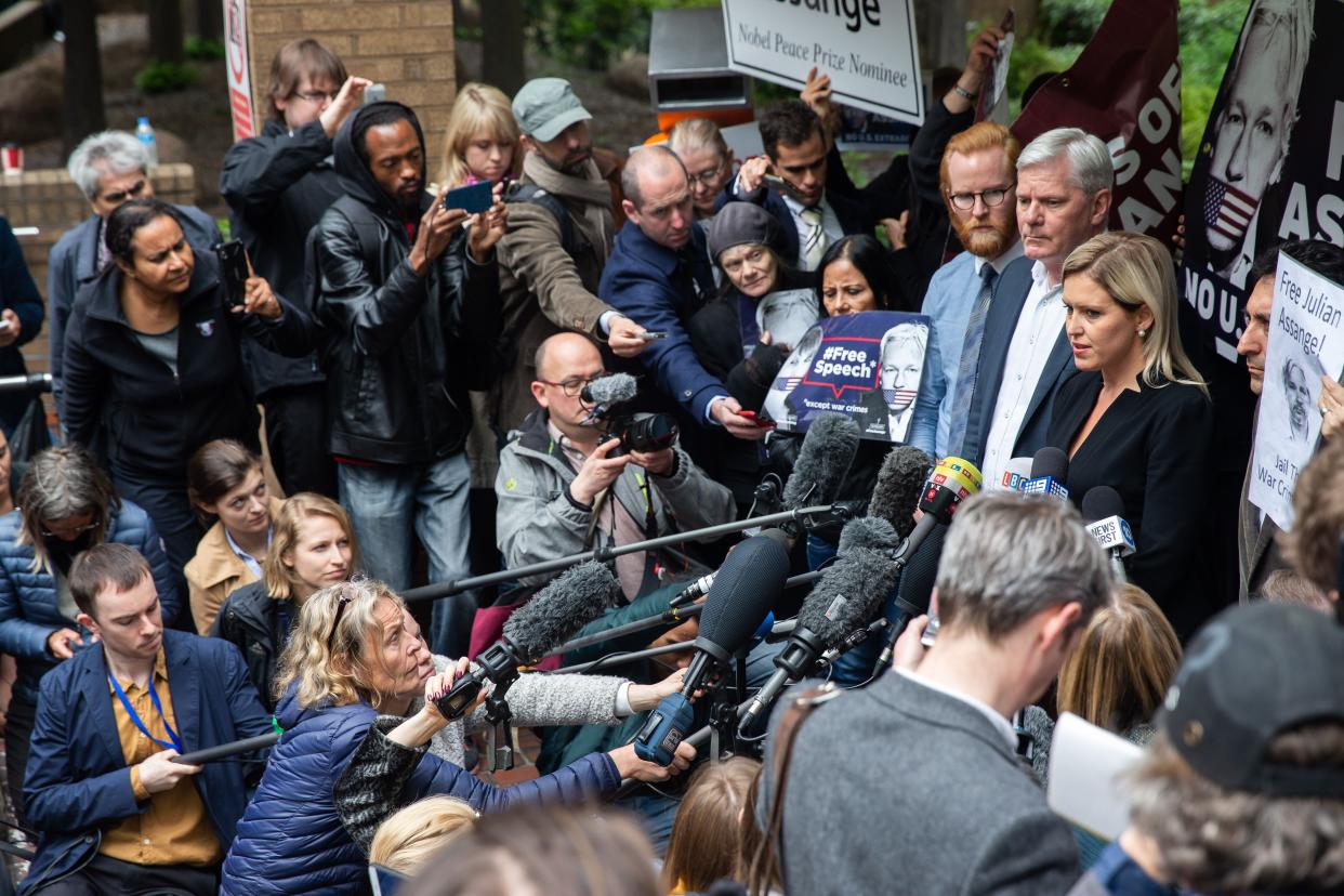 Barrister Jennifer Robinson and Editor-in-chief of WikiLeaks Kristinn Hrafnsson speak to the media outside Southwark Crown Court after Wikileaks Founder Julian Assange was sentenced on May 1, 2019 in London, England. Assange, 47, was got 50 weeks in prison for breaching his bail conditions when he took refuge in the Ecuadorian Embassy in 2012 to avoid extradition to Sweden over sexual assault allegations, charges he denies.