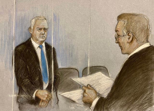 Court sketch of Chief Magistrate Paul Goldspring (right) with former BBC broadcaster Huw Edwards appearing at Westminster Magistrates’ Court 