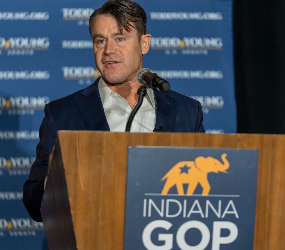 U.S. Senate winner Todd Young speaks on Tuesday, Nov. 8, 2022, during a GOP election night event at the JW Marriott in Indianapolis. 