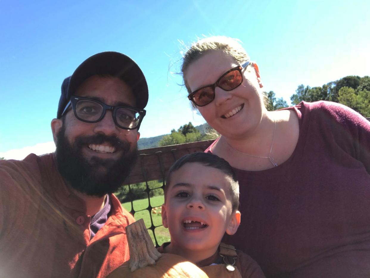 Transgender dad Seth Marlow, left, and his wife, Leah, conceived their son Arlo by using Seth's egg and donor sperm. (Photo: Courtesy of Seth Marlow)