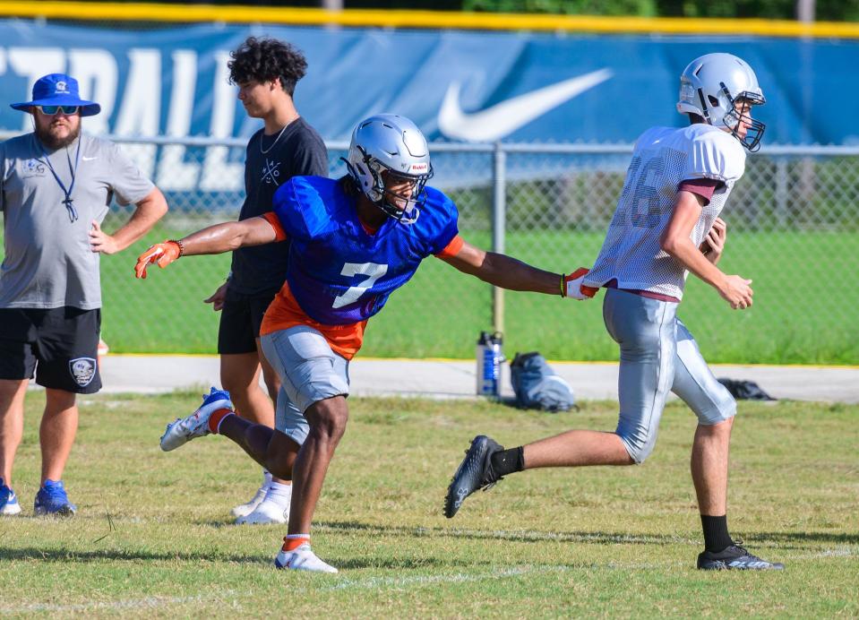 Bartram Trail High School's Sharif Denson practices with his team at the school on Tuesday, Aug. 9, 2022. 