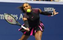 Aug 30, 2016; New York, NY, USA; Serena Williams of the USA hits to Ekaterina Makarova of Russia on day two of the 2016 U.S. Open tennis tournament at USTA Billie Jean King National Tennis Center. Mandatory Credit: Robert Deutsch-USA TODAY Sports