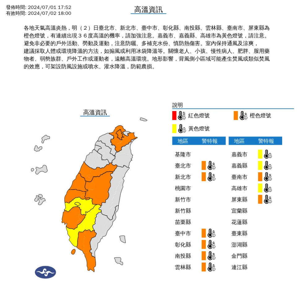 <strong>氣象署針對11縣市發布高溫資訊，北部和中南部有36度以上高溫的狀況出現。（圖／翻攝自中央氣象署官網）</strong>