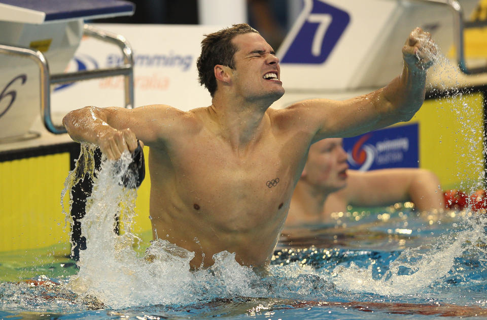 ADELAIDE, AUSTRALIA - MARCH 16: Christian Sprenger of Australia celebrates winning the Men's 100 Metre Breaststroke Final during day two of the Australian Olympic Swimming Trials at the South Australian Aquatic & Leisure Centre on March 16, 2012 in Adelaide, Australia. (Photo by Quinn Rooney/Getty Images)