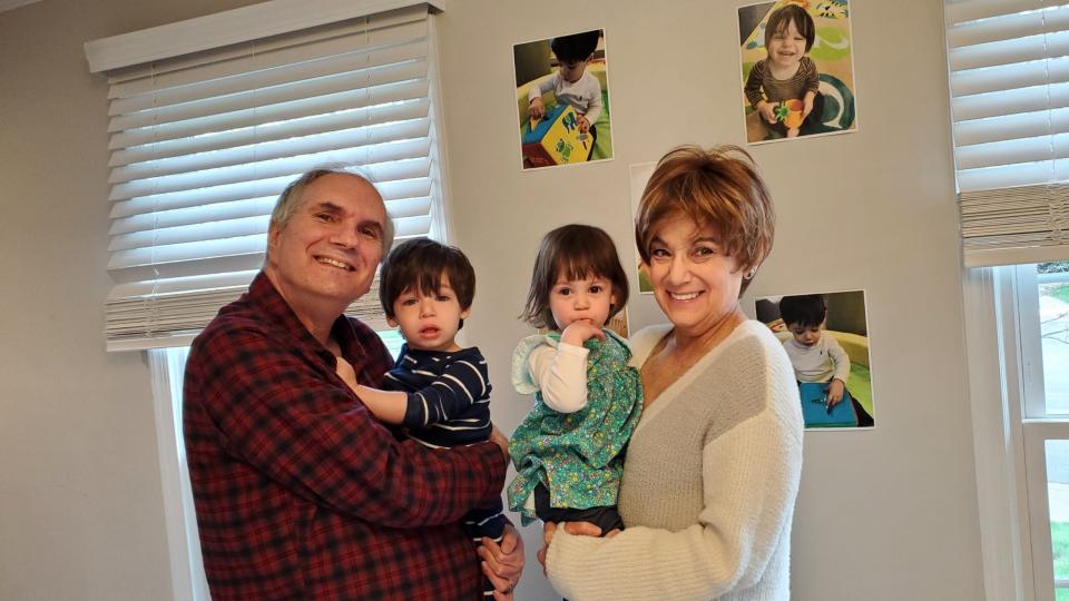 Long-time kidney transplant survivor Sharon Stakofsky-Davis with her husband Marc Davis and their two grandchildren, Jacob and Eloise.