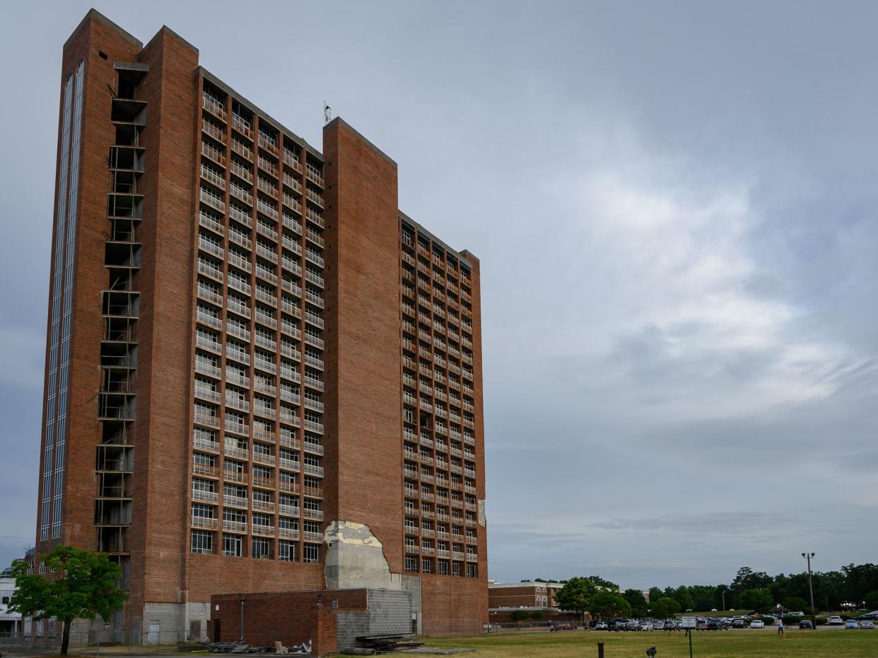 Fort Mill, South Carolina, United States - 6 June 2019: Heritage Tower, in a state of deterioration, and grounds of Heritage USA, former theme park and empire of disgraced PTL evangelist Jim Bakker and his wife Tammy Faye.